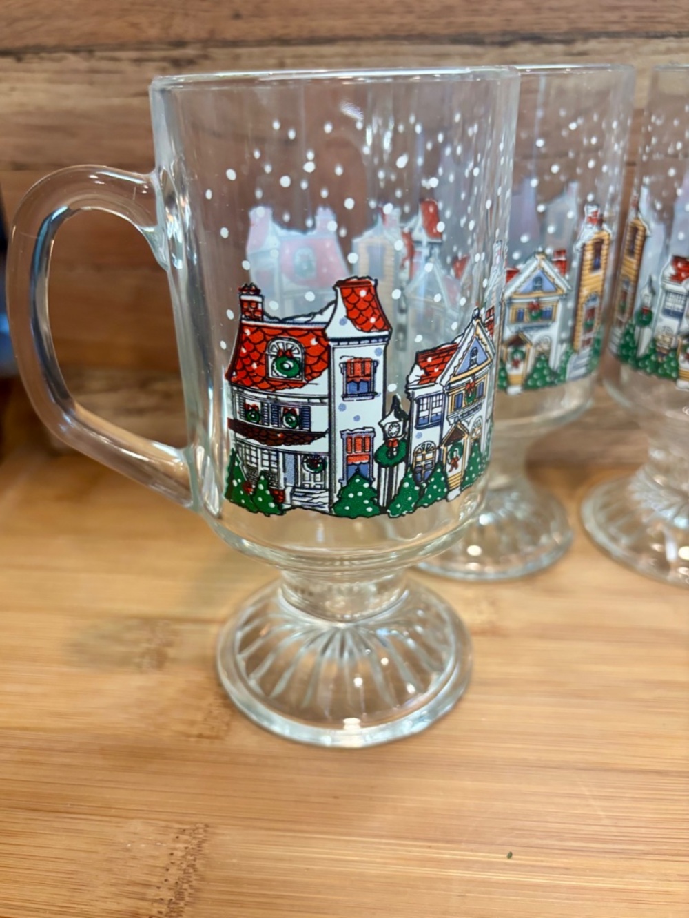 Vintage Set of 4 Libbey Holiday Winter Villiage Footed Glass Mugs
